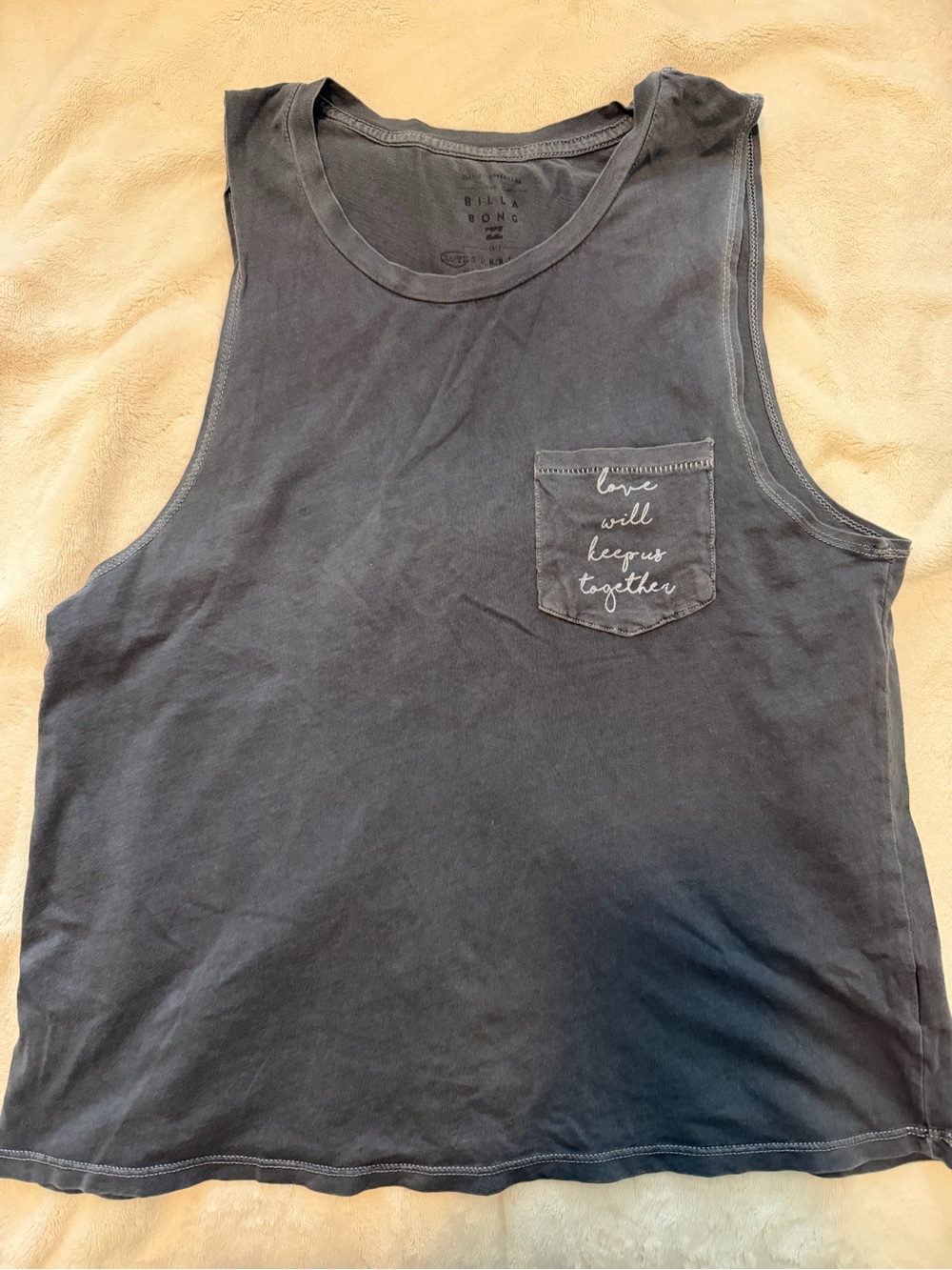 Billabong Grey Pocket Tank with “Love Will Keep Us Together”